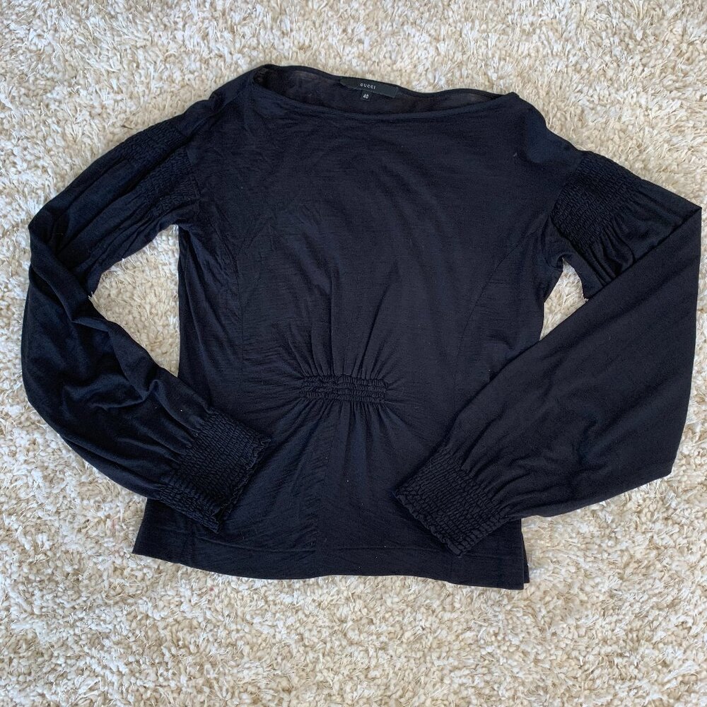 Y2K Gucci Womens 40 Black Silk Wool Blend Top with Gathered Detail at Front